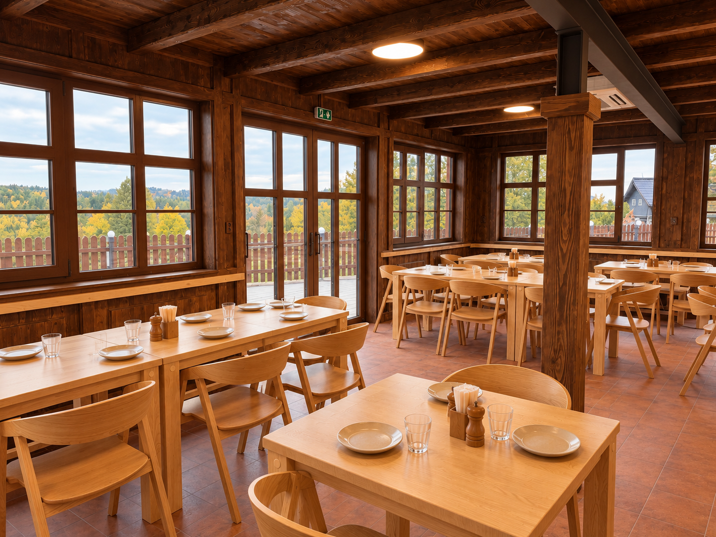 Vizualizace nového přístavku restaurace Resort Mezná s dřevěnými trámy, světlými stoly, velkými okny a výhledem do krajiny Českého Švýcarska.